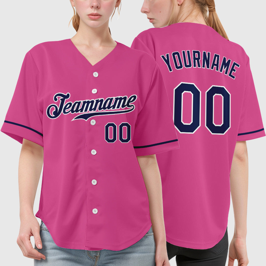 Custom Pink White Navy Baseball Jersey
