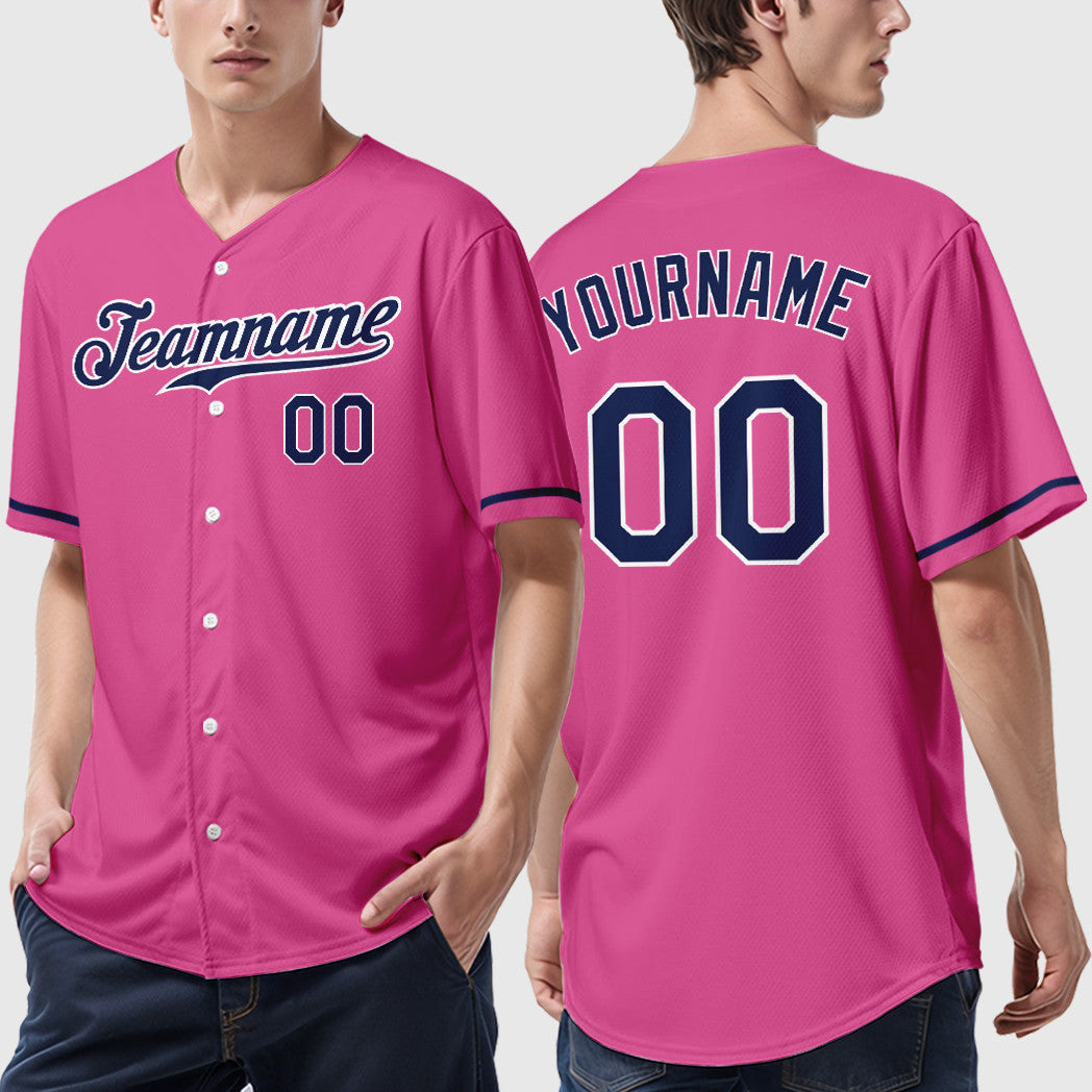 Custom Pink White Navy Baseball Jersey
