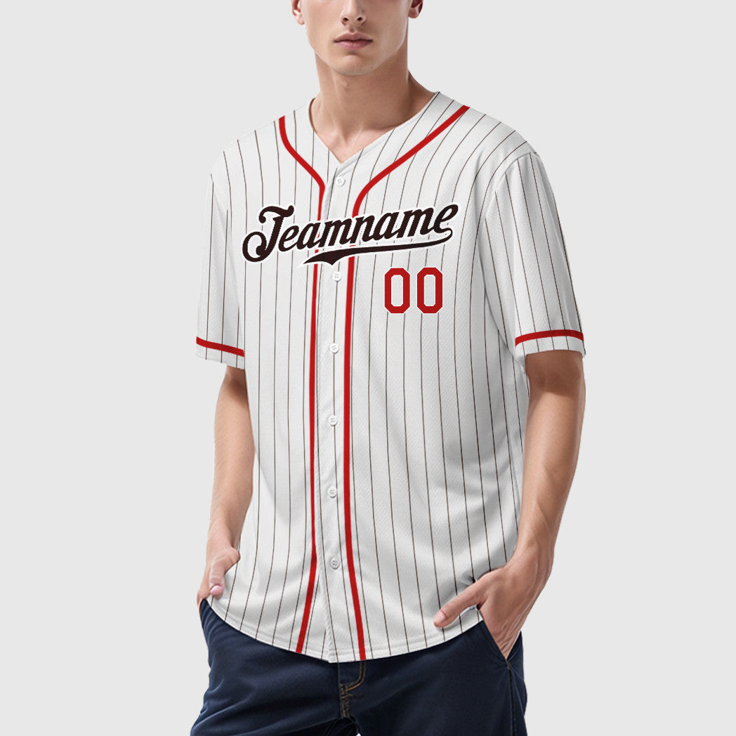 Custom White Brown Red-Brown Piping Pinstripe Baseball Jersey