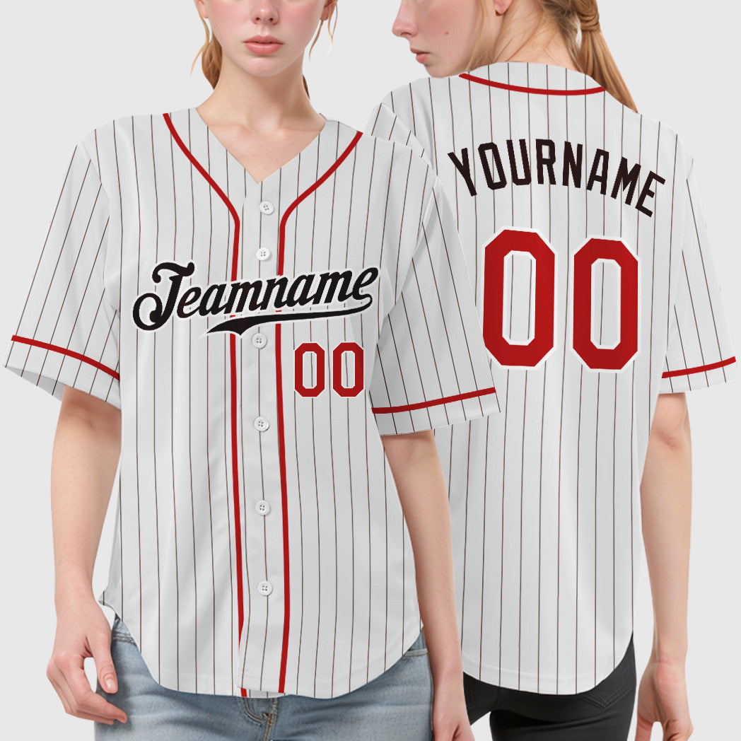 Custom White Brown Red-Brown Piping Pinstripe Baseball Jersey
