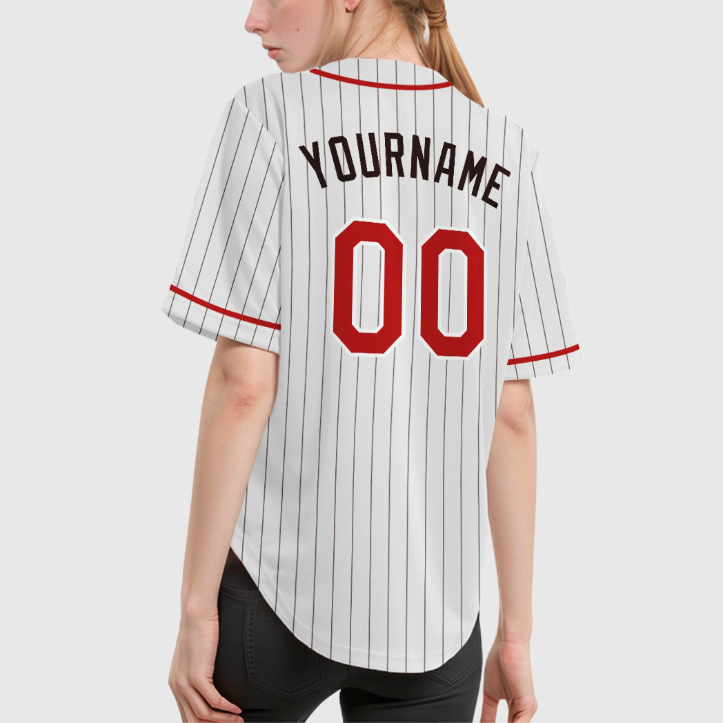 Custom White Brown Red-Brown Piping Pinstripe Baseball Jersey