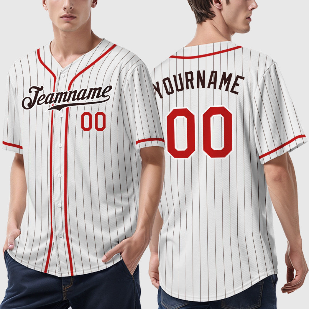 Custom White Brown Red-Brown Piping Pinstripe Baseball Jersey