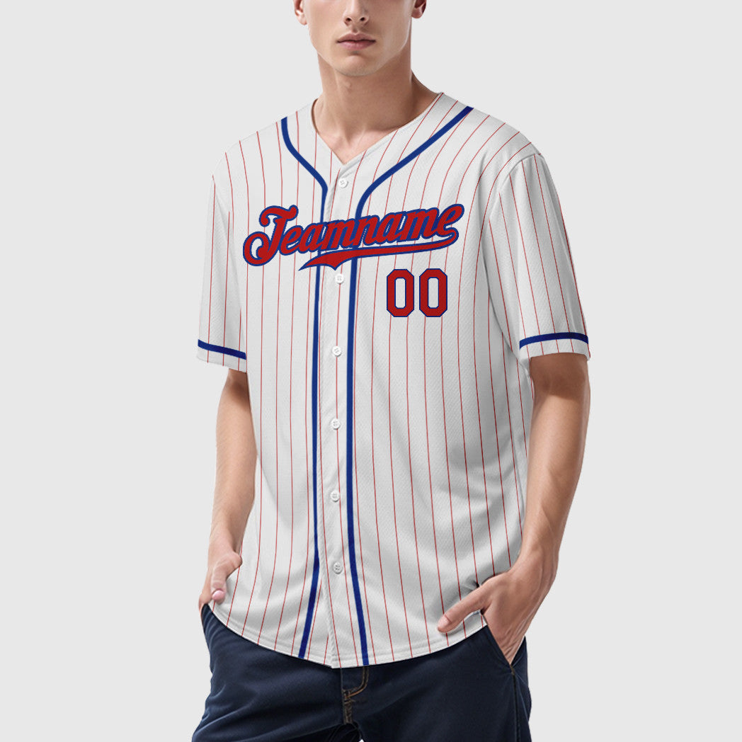 Custom White Red Red-Royal Piping Pinstripe Baseball Jersey