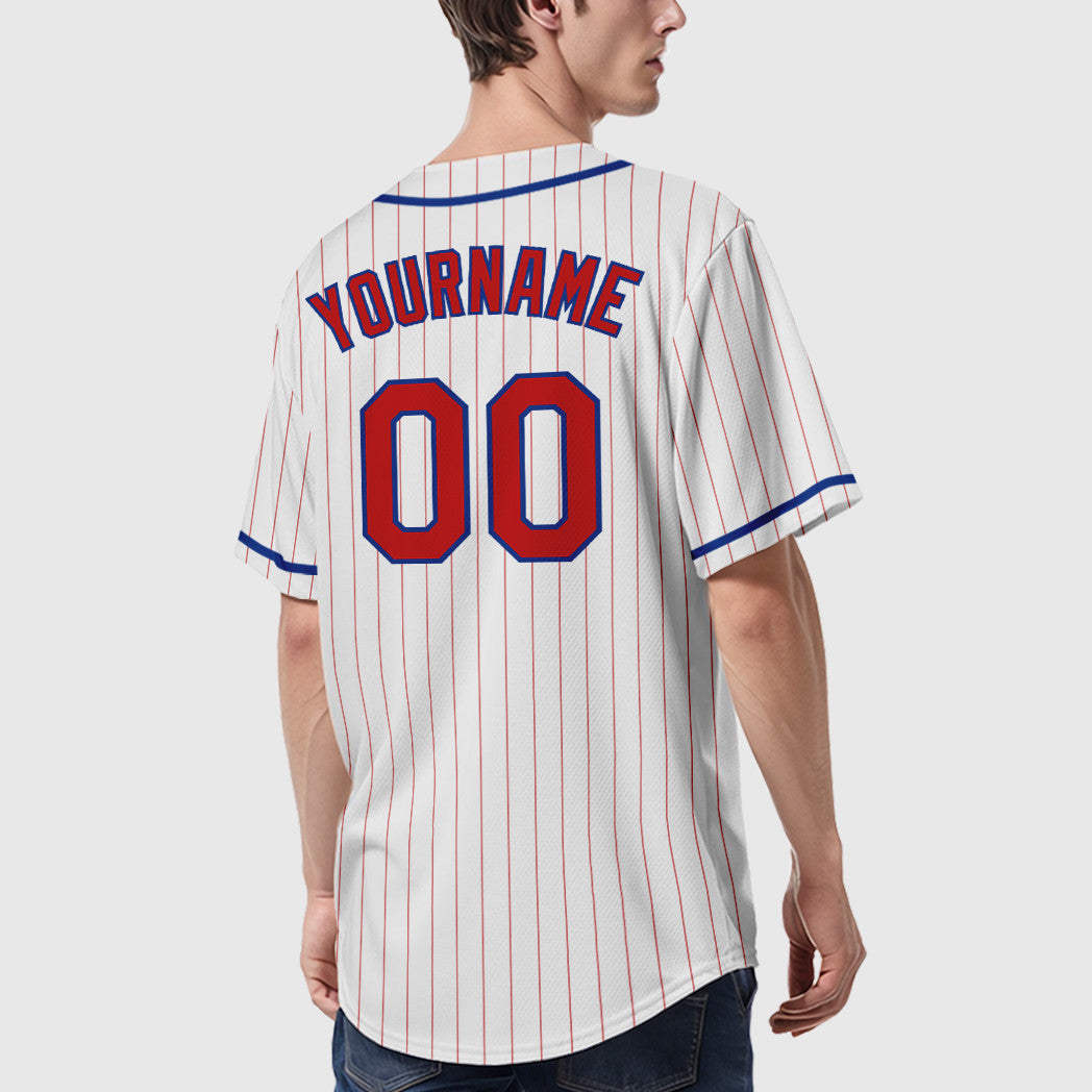 Custom White Red Red-Royal Piping Pinstripe Baseball Jersey