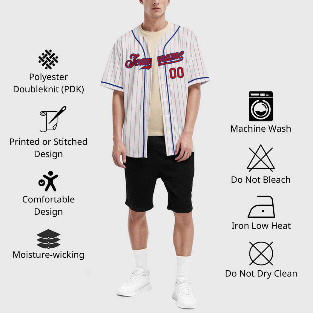 Custom White Red Red-Royal Piping Pinstripe Baseball Jersey