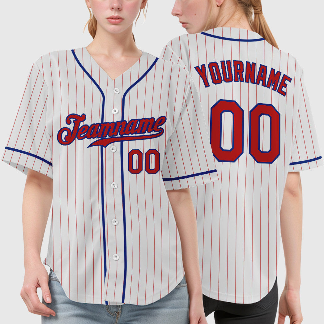 Custom White Red Red-Royal Piping Pinstripe Baseball Jersey