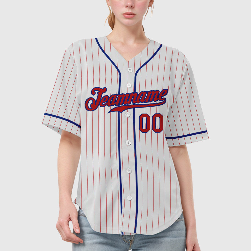 Custom White Red Red-Royal Piping Pinstripe Baseball Jersey