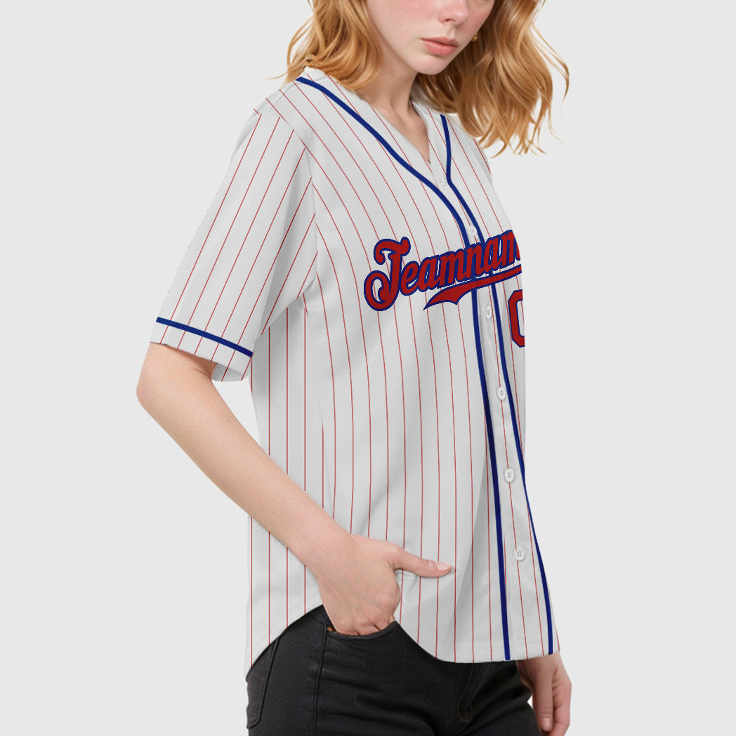 Custom White Red Red-Royal Piping Pinstripe Baseball Jersey
