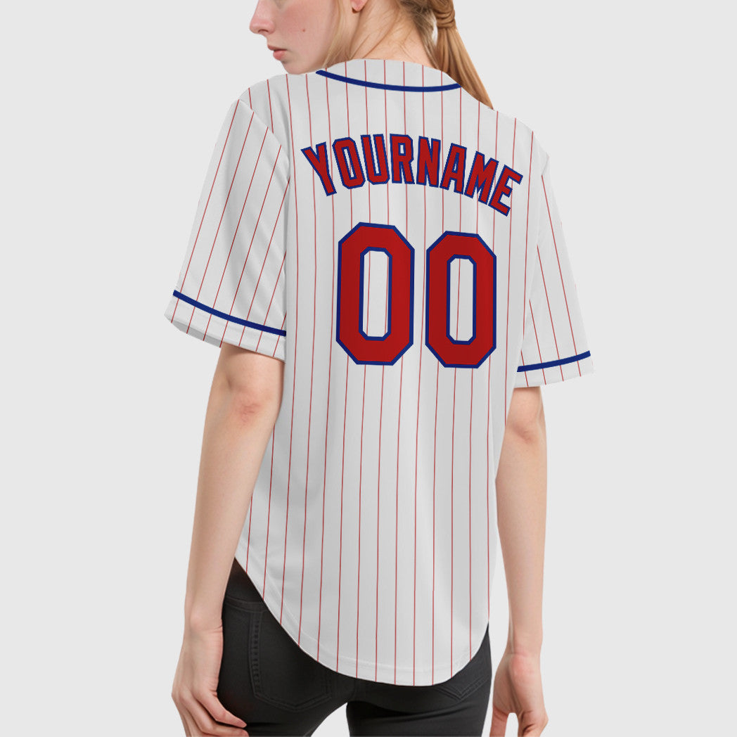 Custom White Red Red-Royal Piping Pinstripe Baseball Jersey