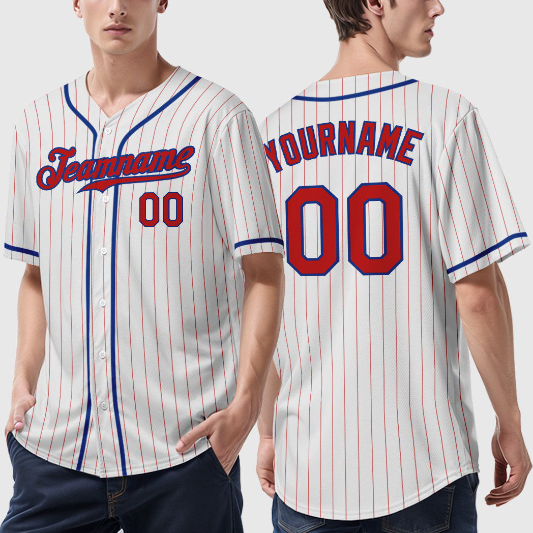 Custom White Red Red-Royal Piping Pinstripe Baseball Jersey