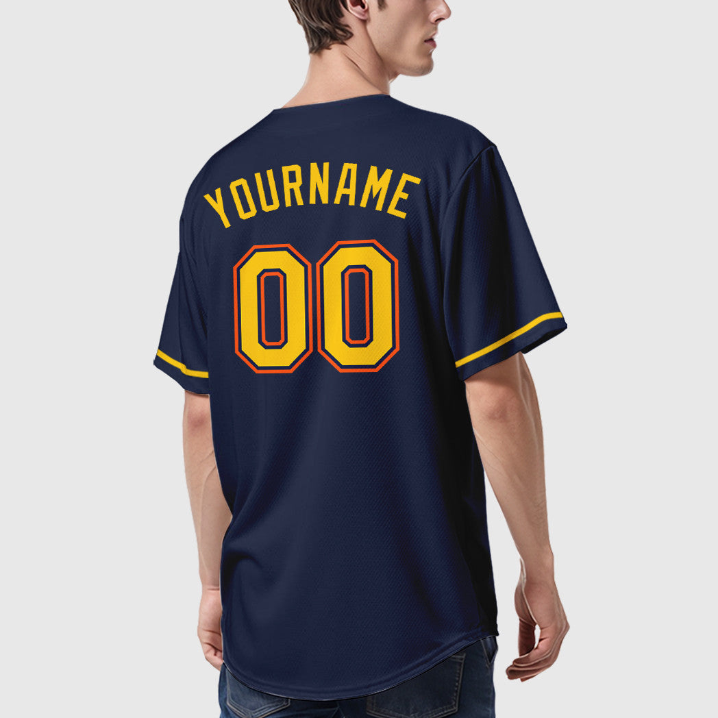 Custom Navy White Gold-Orange Baseball Jersey