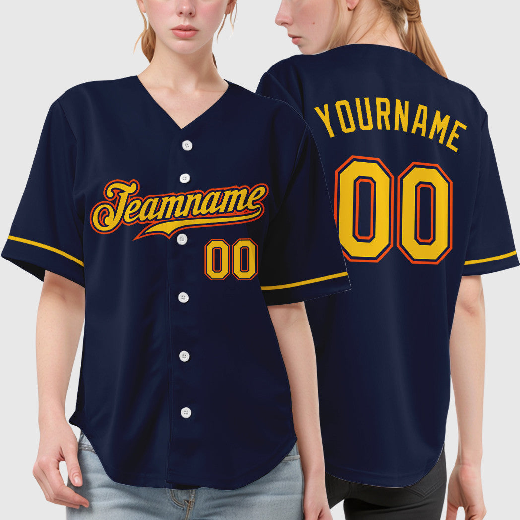 Custom Navy White Gold-Orange Baseball Jersey