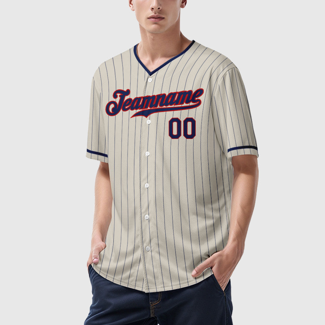Custom Cream Navy Navy-Red Pinstripe Baseball Jersey