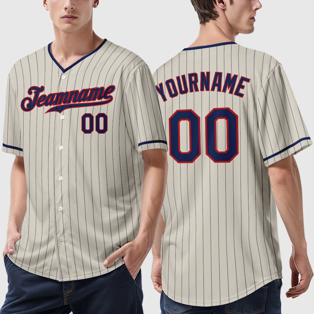 Custom Cream Navy Navy-Red Pinstripe Baseball Jersey