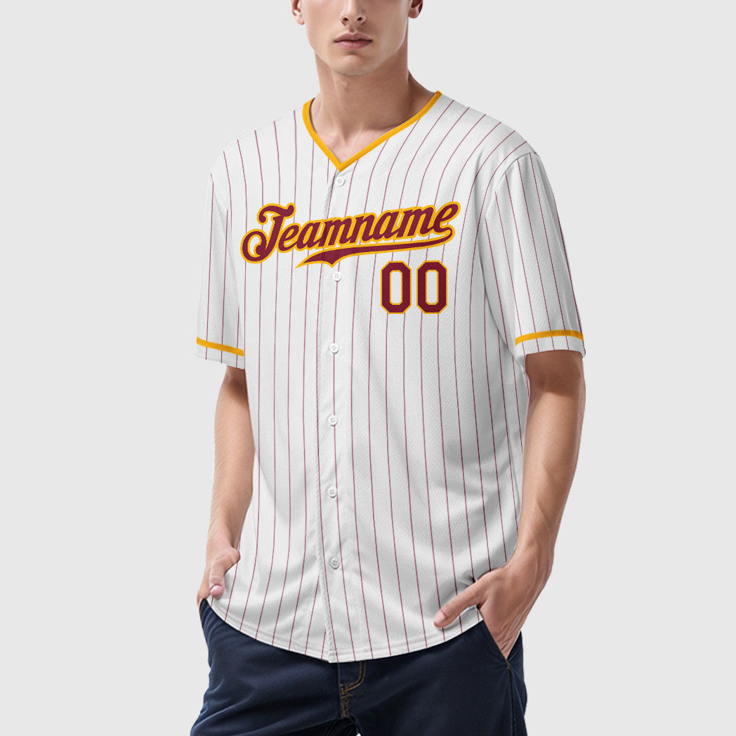 Custom White Crimson Crimson-Gold Pinstripe Baseball Jersey