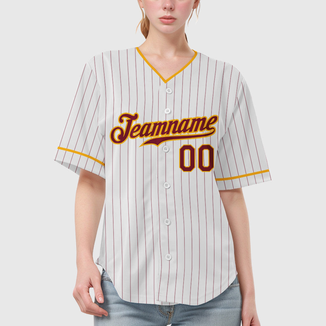 Custom White Crimson Crimson-Gold Pinstripe Baseball Jersey