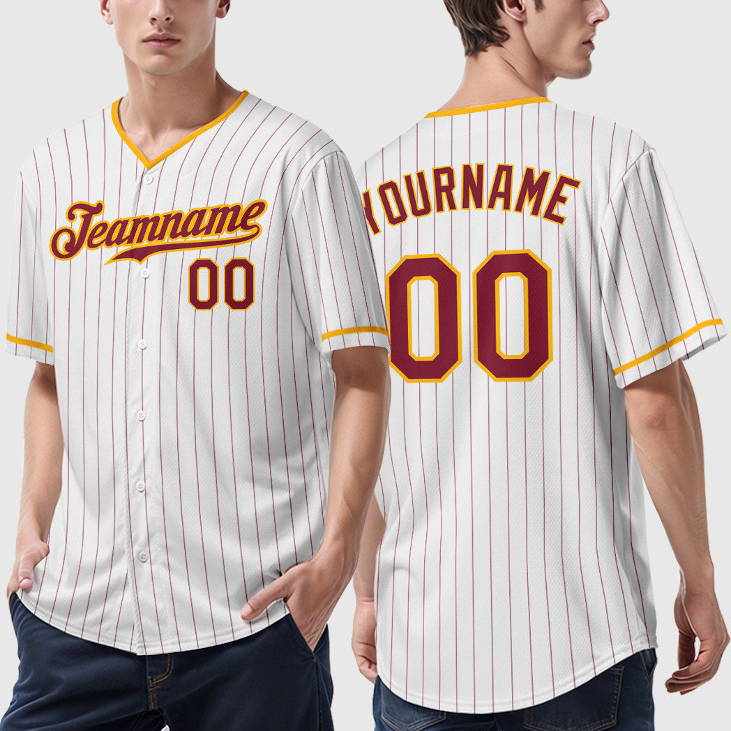 Custom White Crimson Crimson-Gold Pinstripe Baseball Jersey