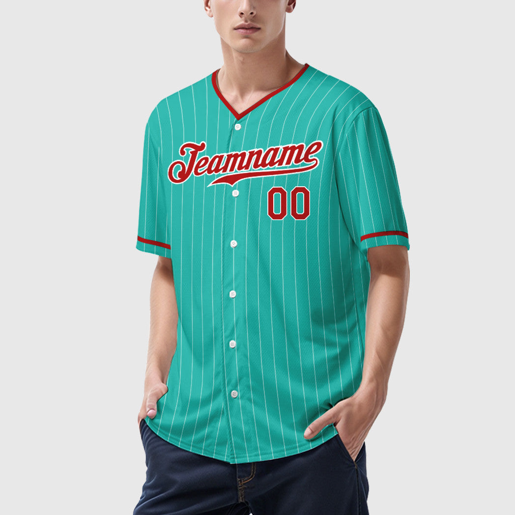Custom Aqua White Red Pinstripe Baseball Jersey