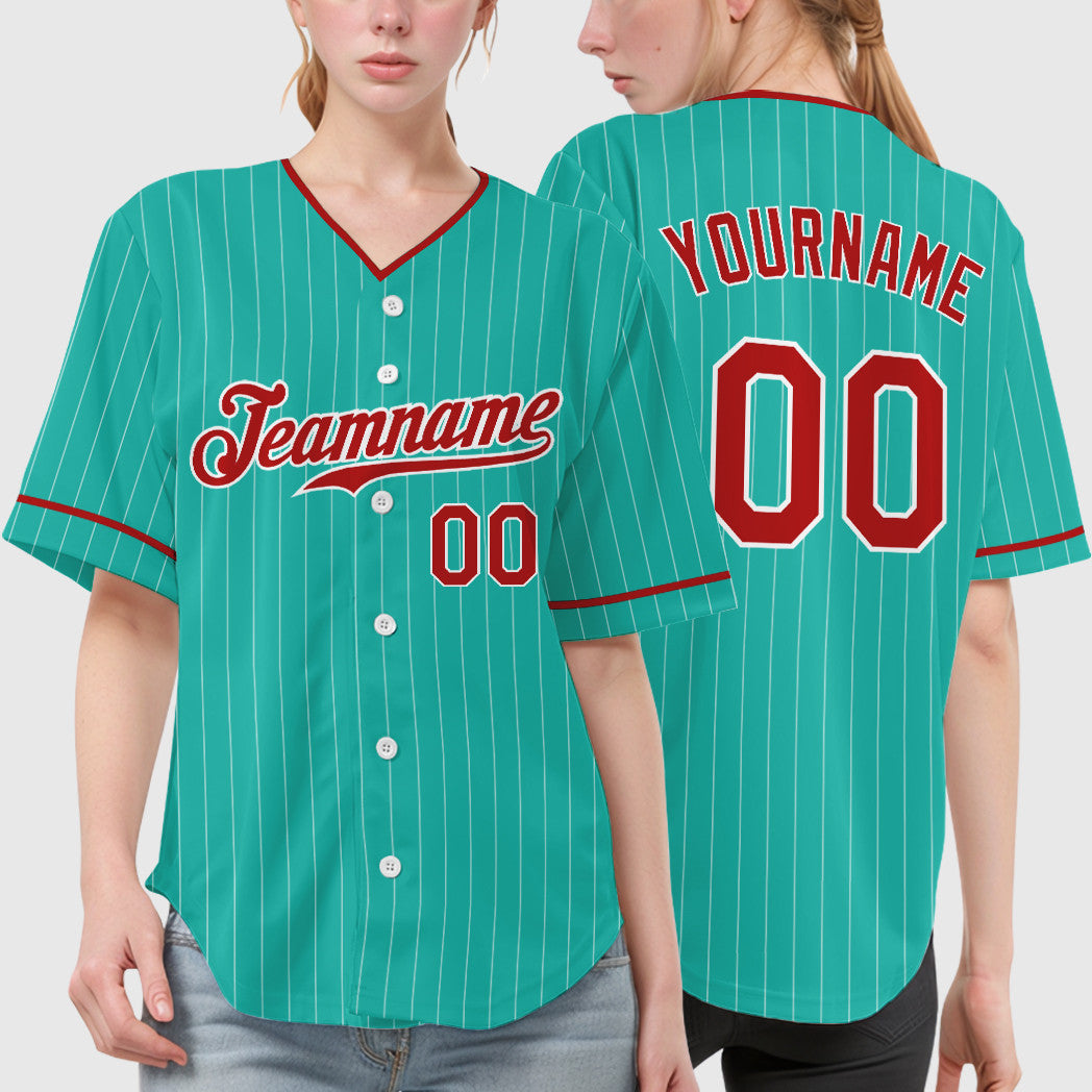 Custom Aqua White Red Pinstripe Baseball Jersey