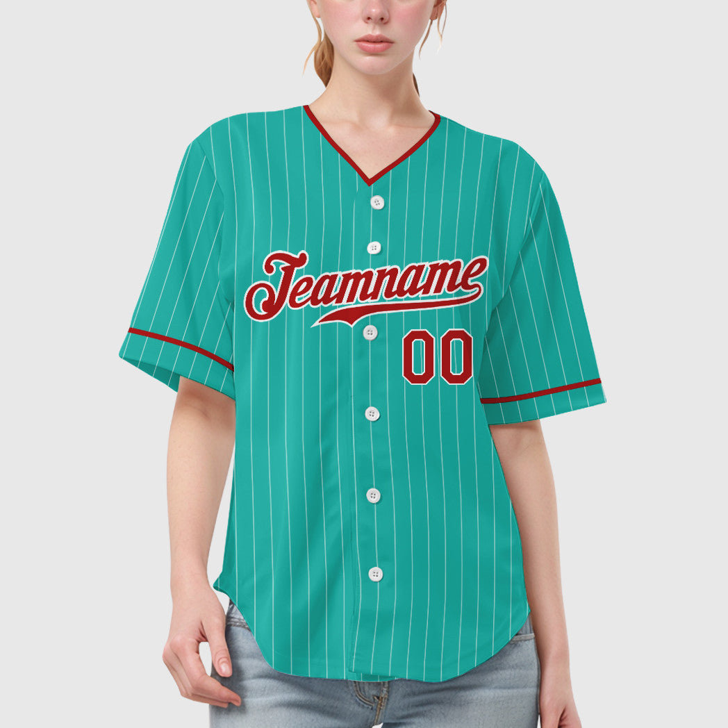 Custom Aqua White Red Pinstripe Baseball Jersey