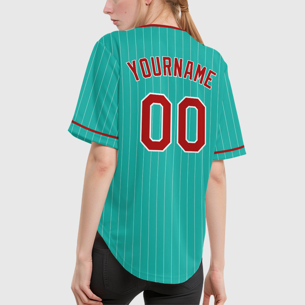 Custom Aqua White Red Pinstripe Baseball Jersey