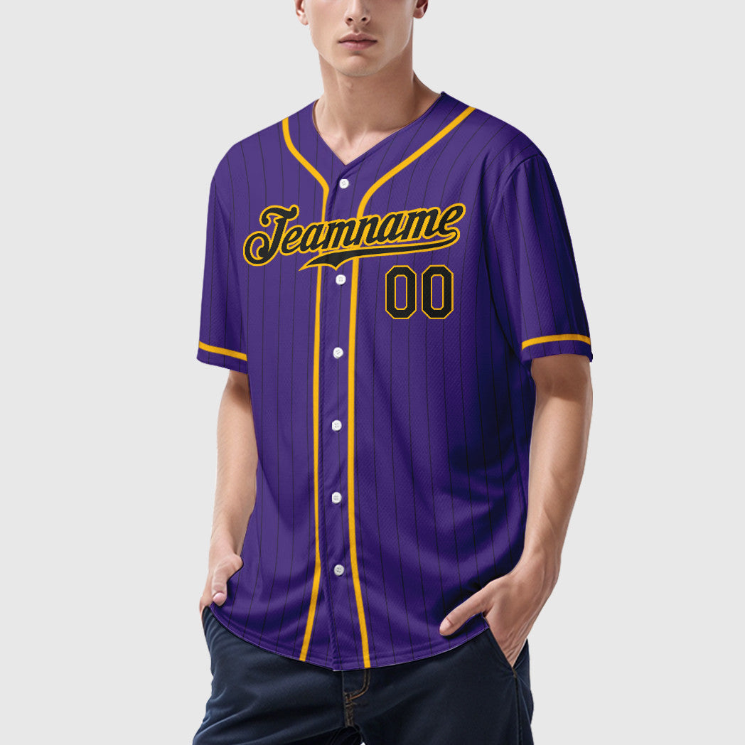 Custom Purple Black Black-Gold Piping Pinstripe Baseball Jersey