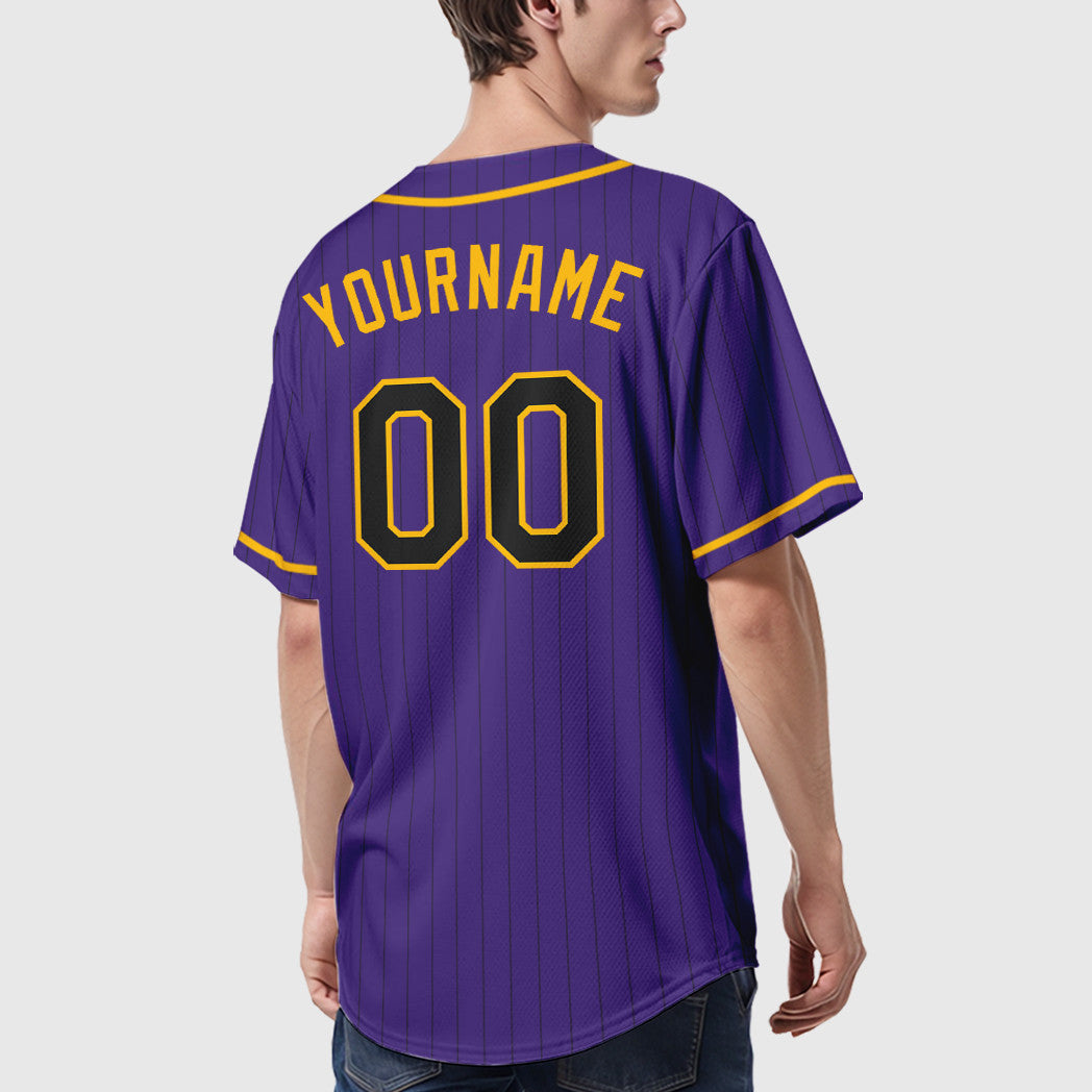 Custom Purple Black Black-Gold Piping Pinstripe Baseball Jersey