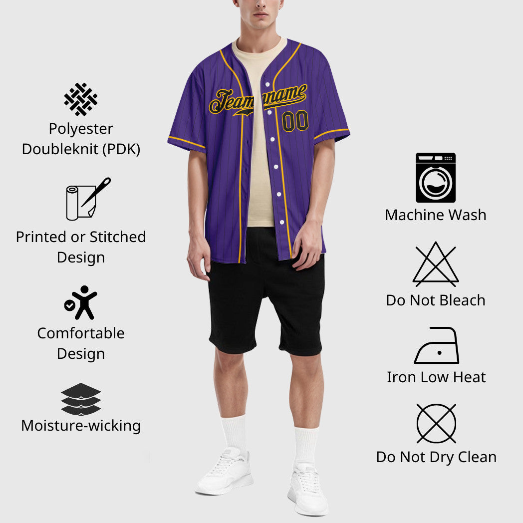Custom Purple Black Black-Gold Piping Pinstripe Baseball Jersey