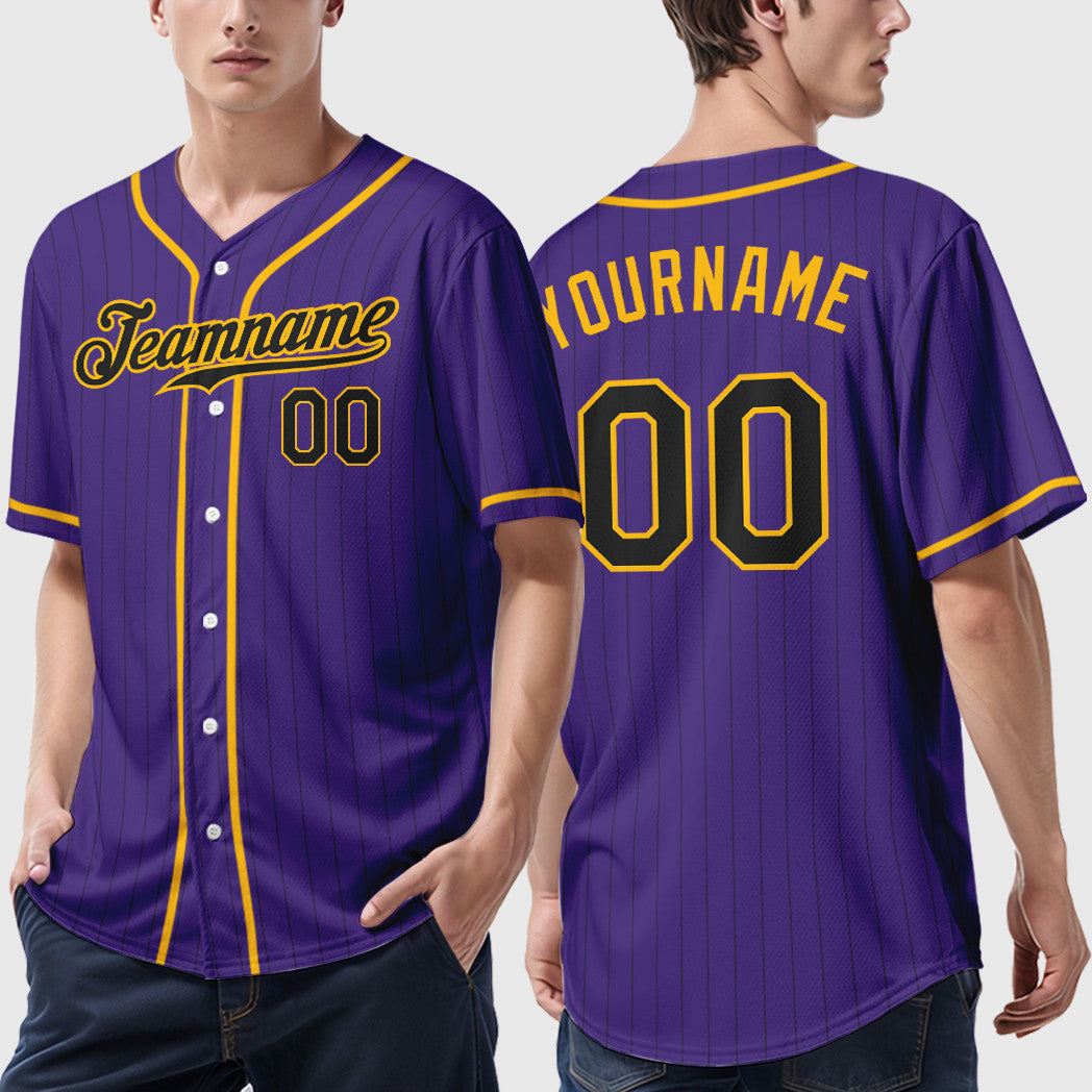 Custom Purple Black Black-Gold Piping Pinstripe Baseball Jersey