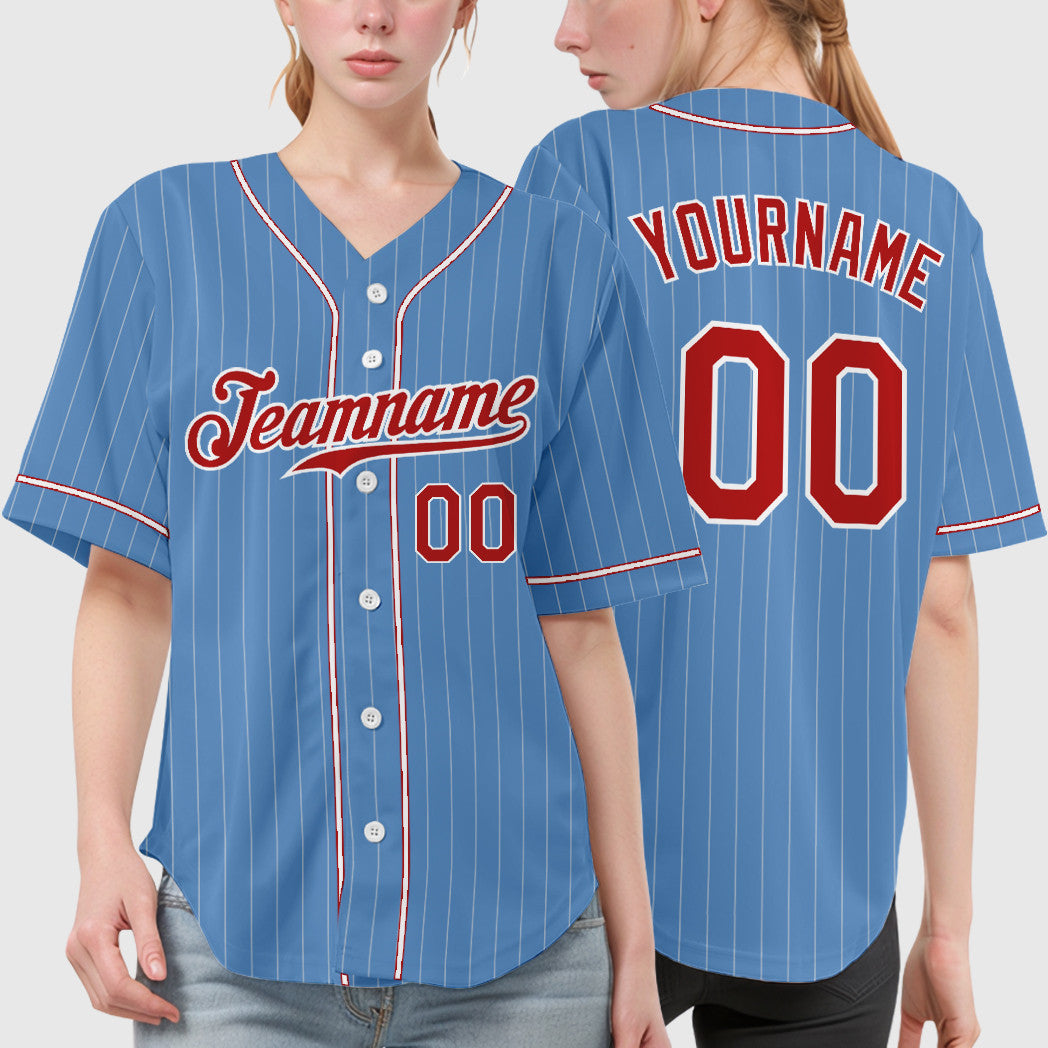 Custom Light Blue White Red Piping Pinstripe Baseball Jersey