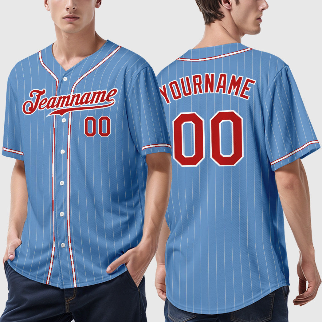 Custom Light Blue White Red Piping Pinstripe Baseball Jersey