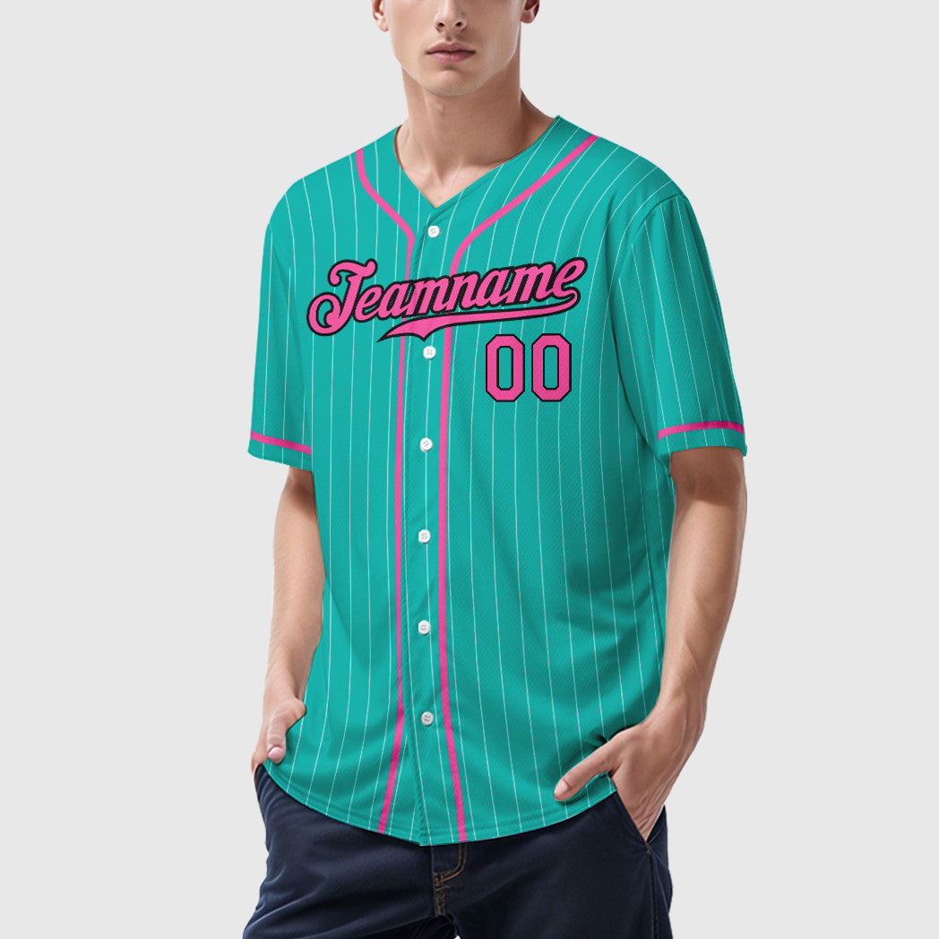 Custom Aqua White Pink-Black Piping Pinstripe Baseball Jersey