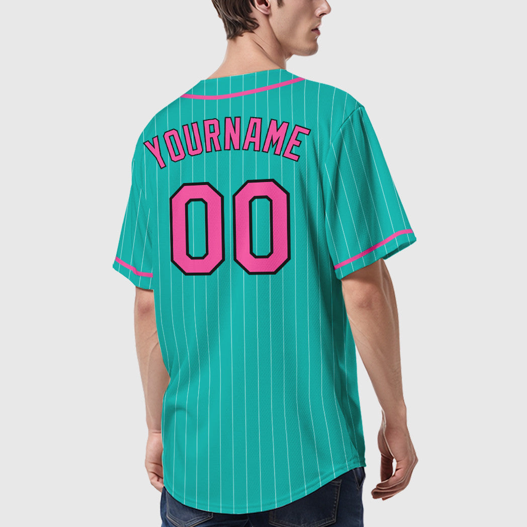 Custom Aqua White Pink-Black Piping Pinstripe Baseball Jersey