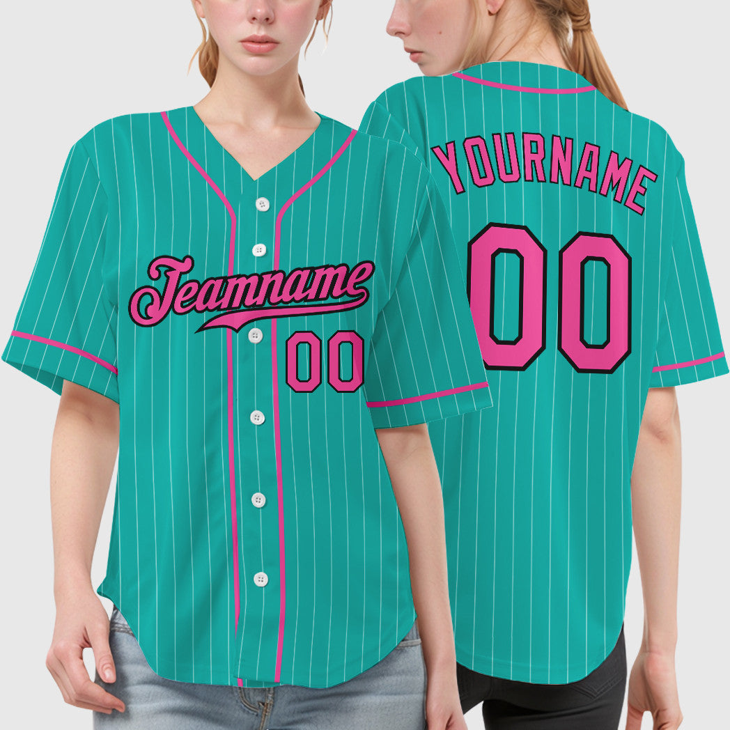 Custom Aqua White Pink-Black Piping Pinstripe Baseball Jersey