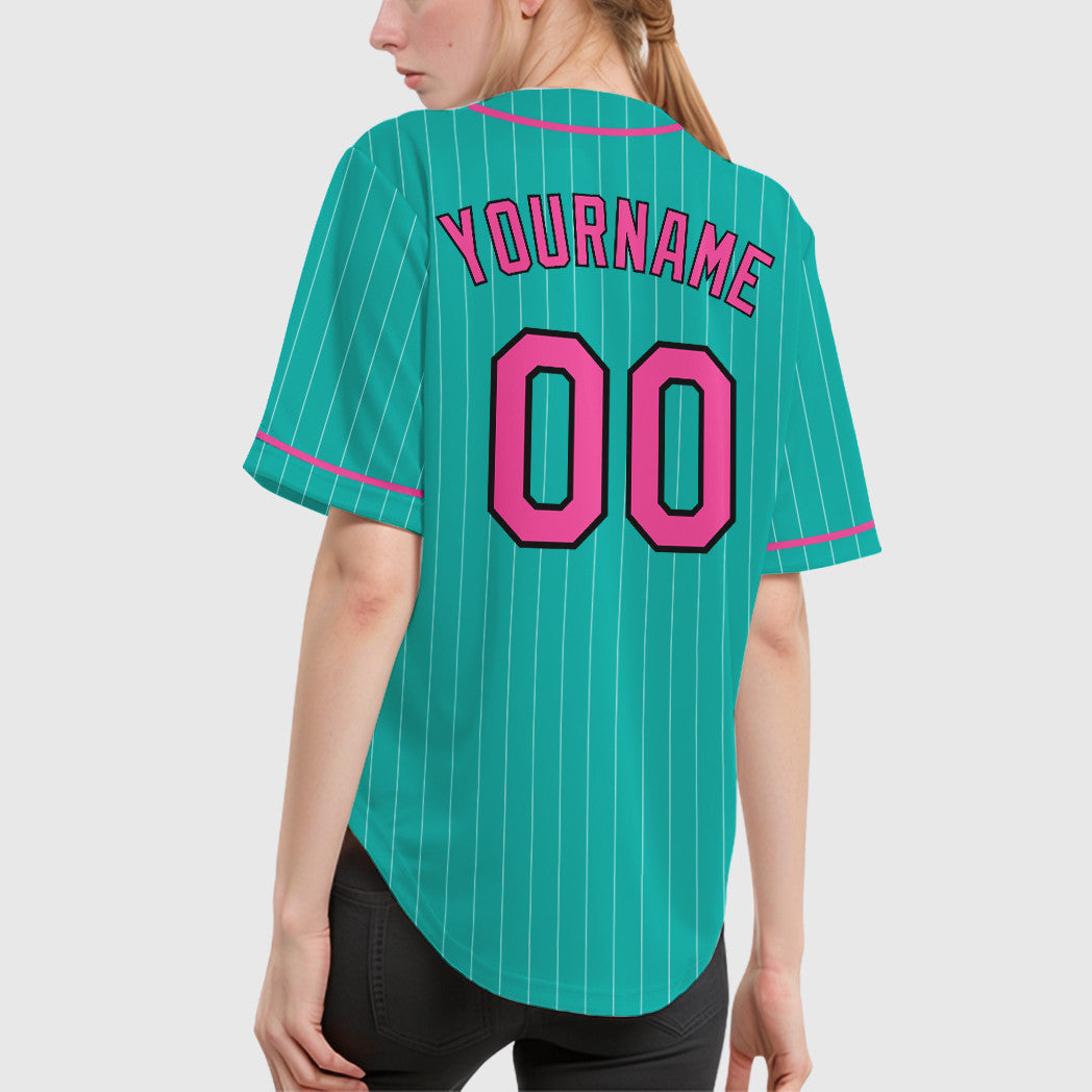 Custom Aqua White Pink-Black Piping Pinstripe Baseball Jersey