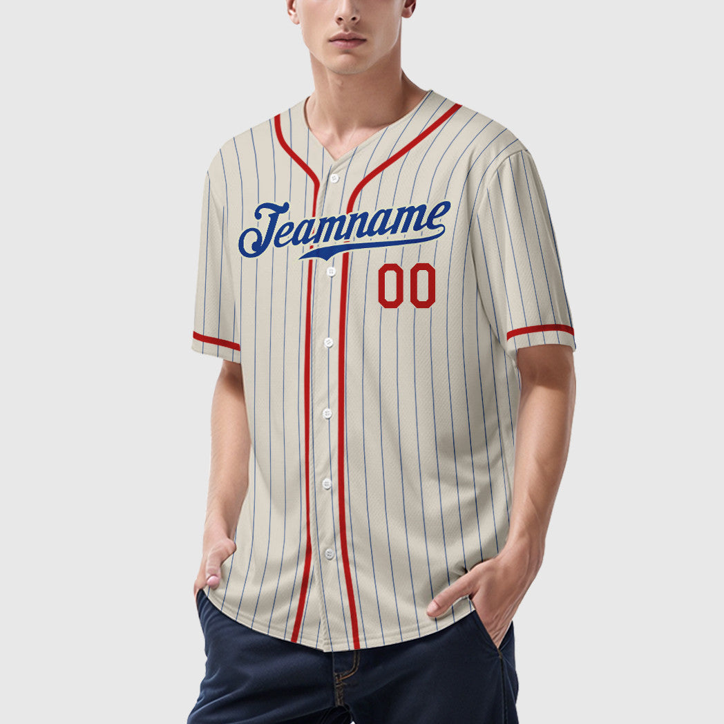 Custom Cream Royal Red Piping Pinstripe Baseball Jersey