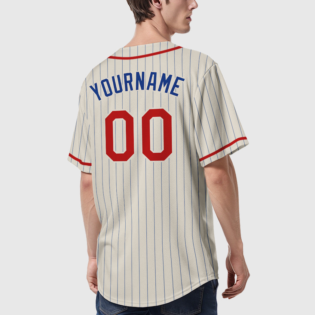 Custom Cream Royal Red Piping Pinstripe Baseball Jersey