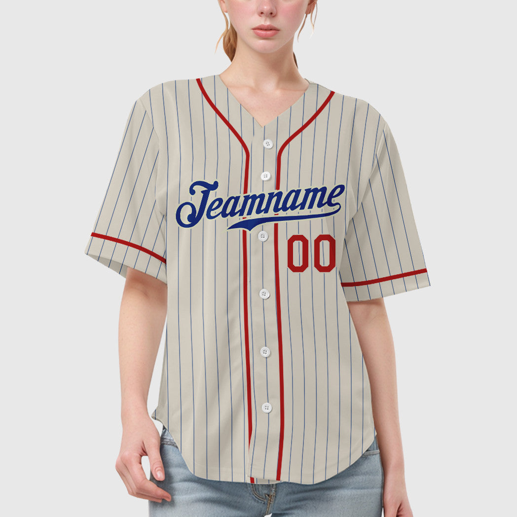 Custom Cream Royal Red Piping Pinstripe Baseball Jersey