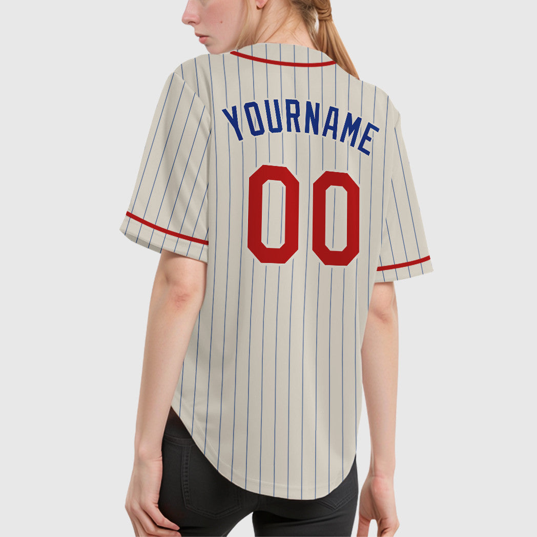 Custom Cream Royal Red Piping Pinstripe Baseball Jersey