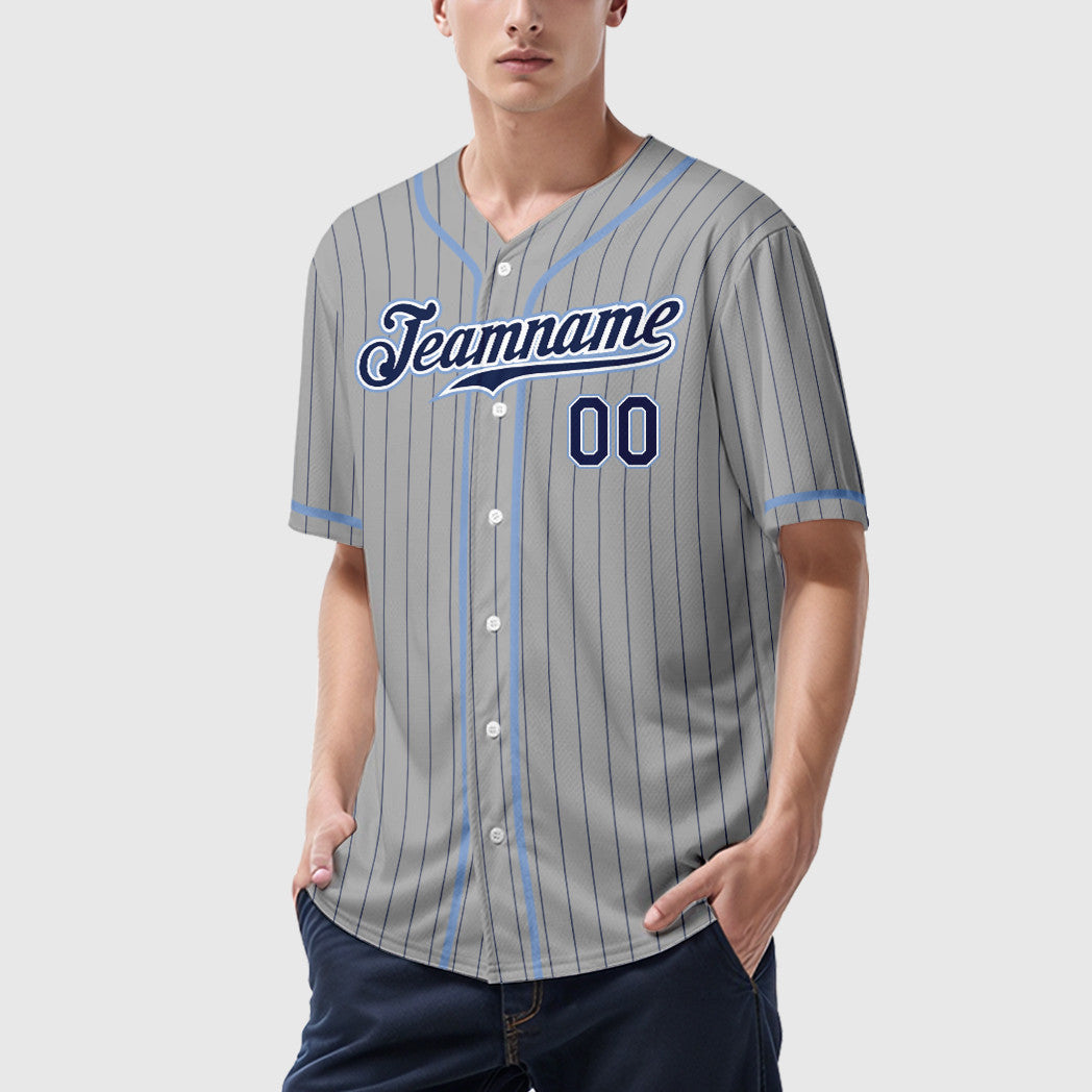 Custom Gray Navy Navy-Light Blue Piping Pinstripe Baseball Jersey