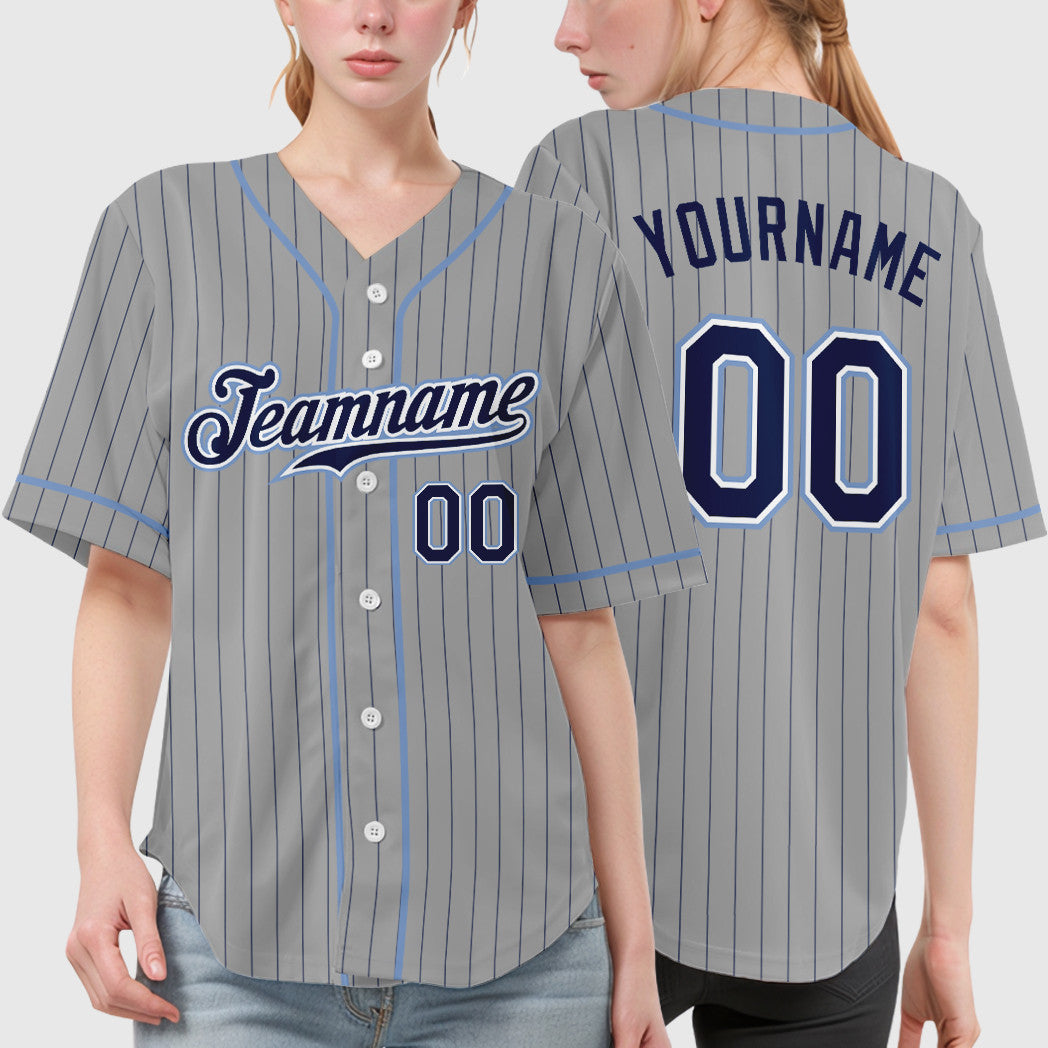 Custom Gray Navy Navy-Light Blue Piping Pinstripe Baseball Jersey