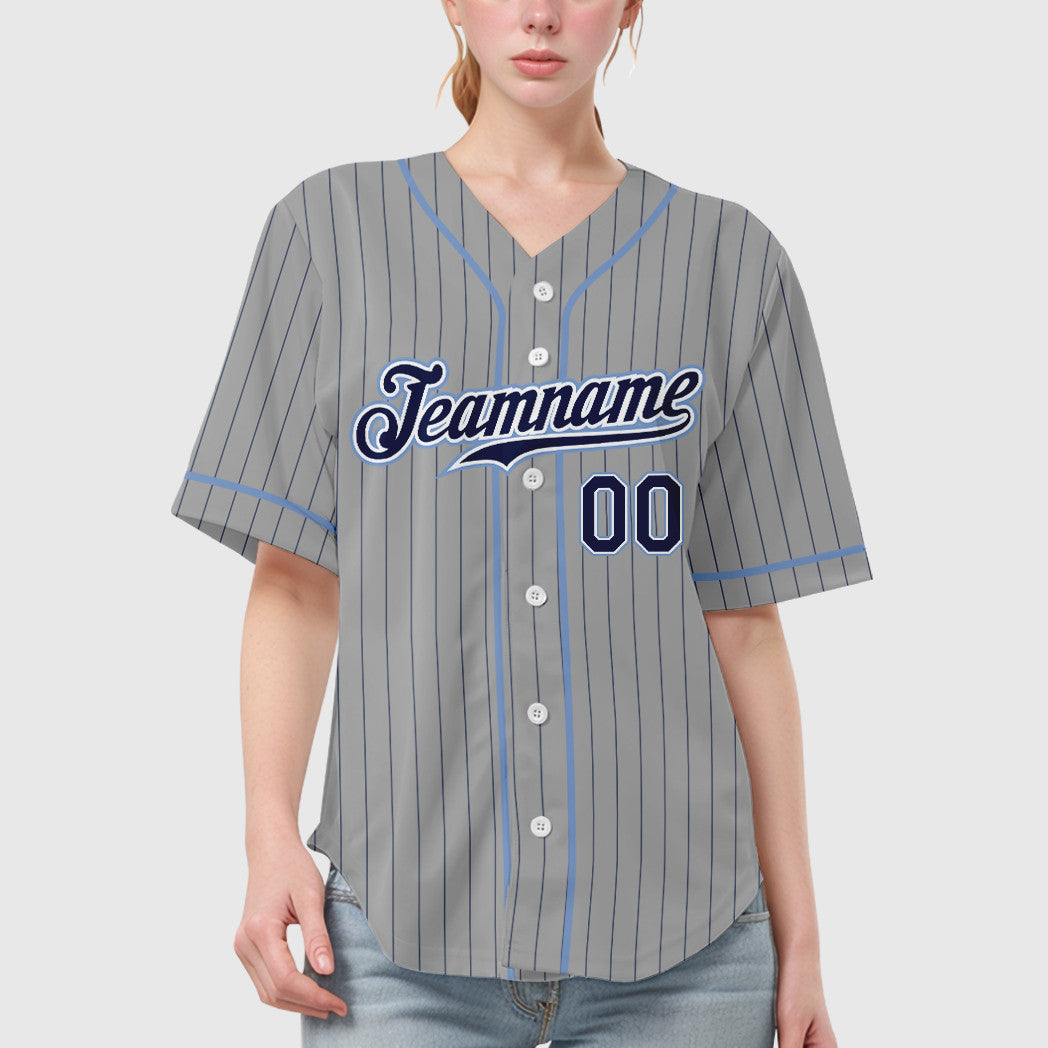 Custom Gray Navy Navy-Light Blue Piping Pinstripe Baseball Jersey