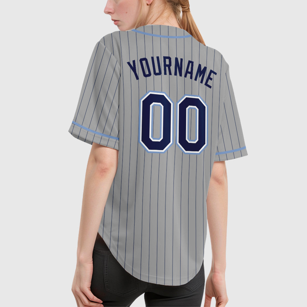 Custom Gray Navy Navy-Light Blue Piping Pinstripe Baseball Jersey