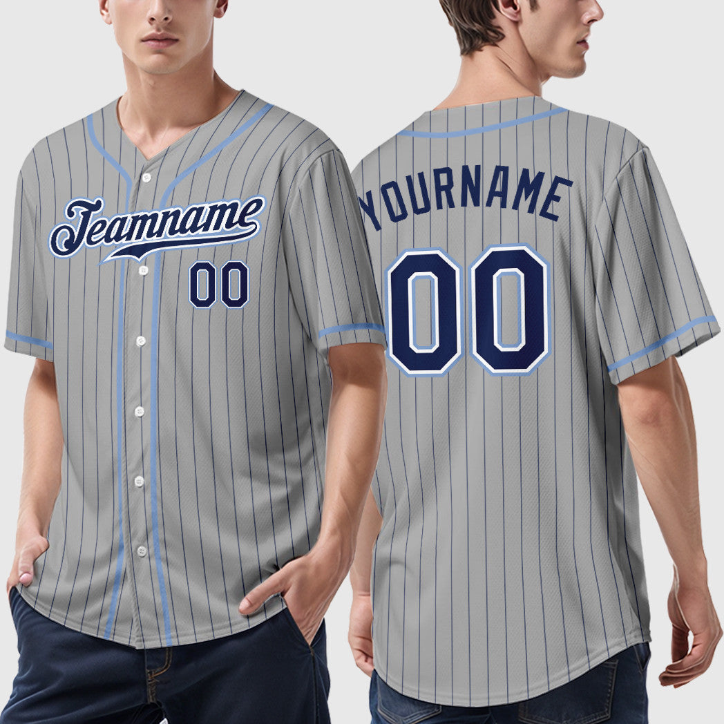 Custom Gray Navy Navy-Light Blue Piping Pinstripe Baseball Jersey