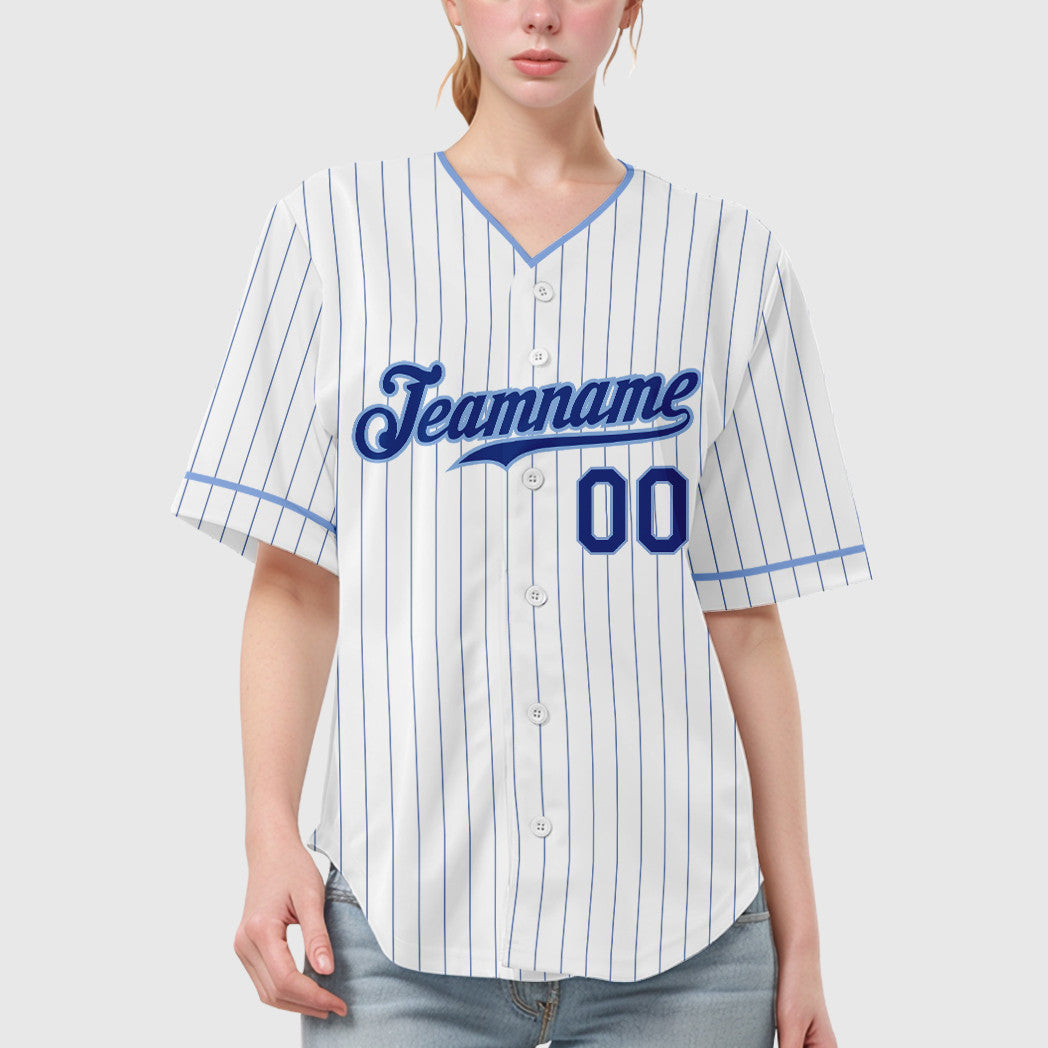 Custom White Royal Royal-Light Blue Pinstripe Baseball Jersey
