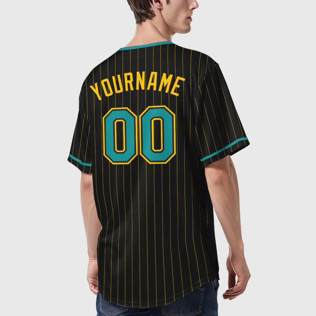 Custom Black Yellow Teal Pinstripe Baseball Jersey