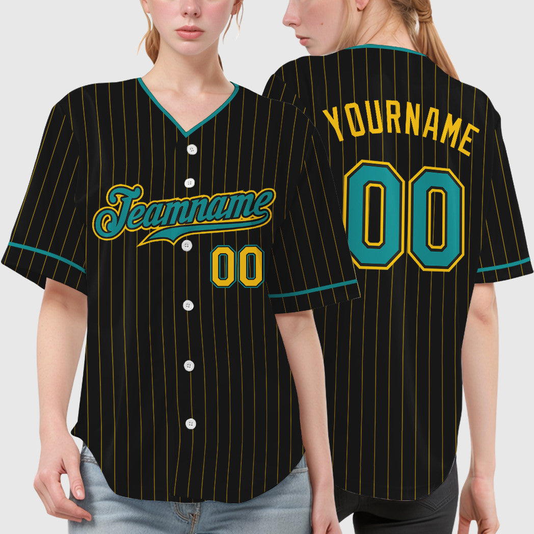 Custom Black Yellow Teal Pinstripe Baseball Jersey