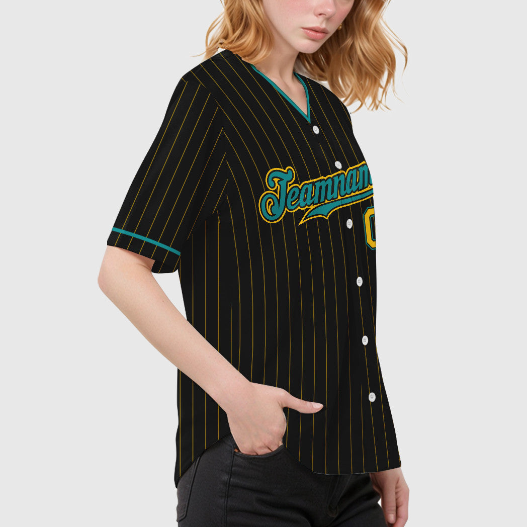 Custom Black Yellow Teal Pinstripe Baseball Jersey