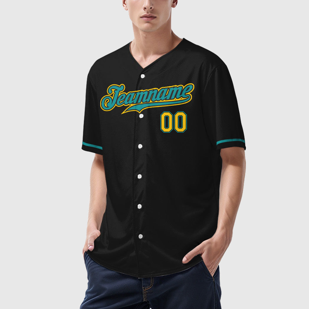 Custom Black Yellow Teal Baseball Jersey
