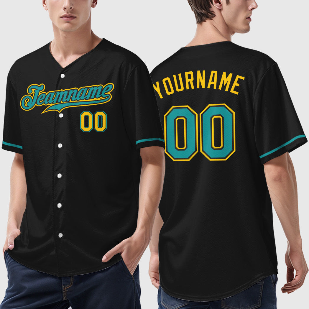 Custom Black Yellow Teal Baseball Jersey